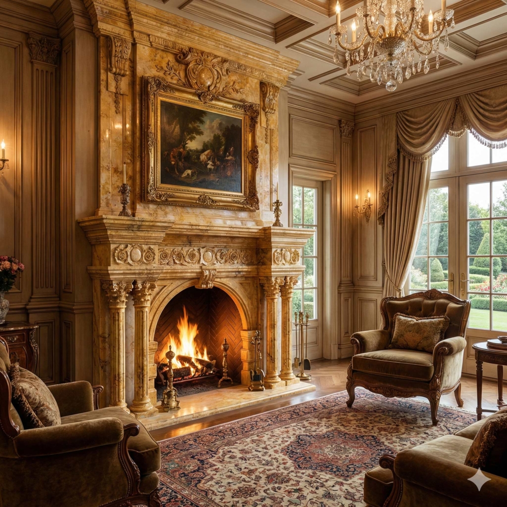 Formal living room with a gilded carved fireplace, crystal chandelier and leather armchairs