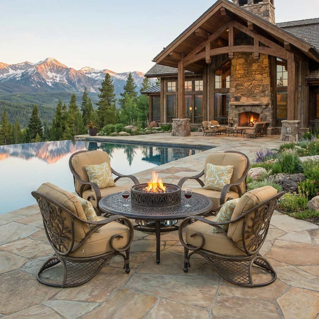 Mountain-lodge patio with cushioned lounge chairs around a fire pit by the pool