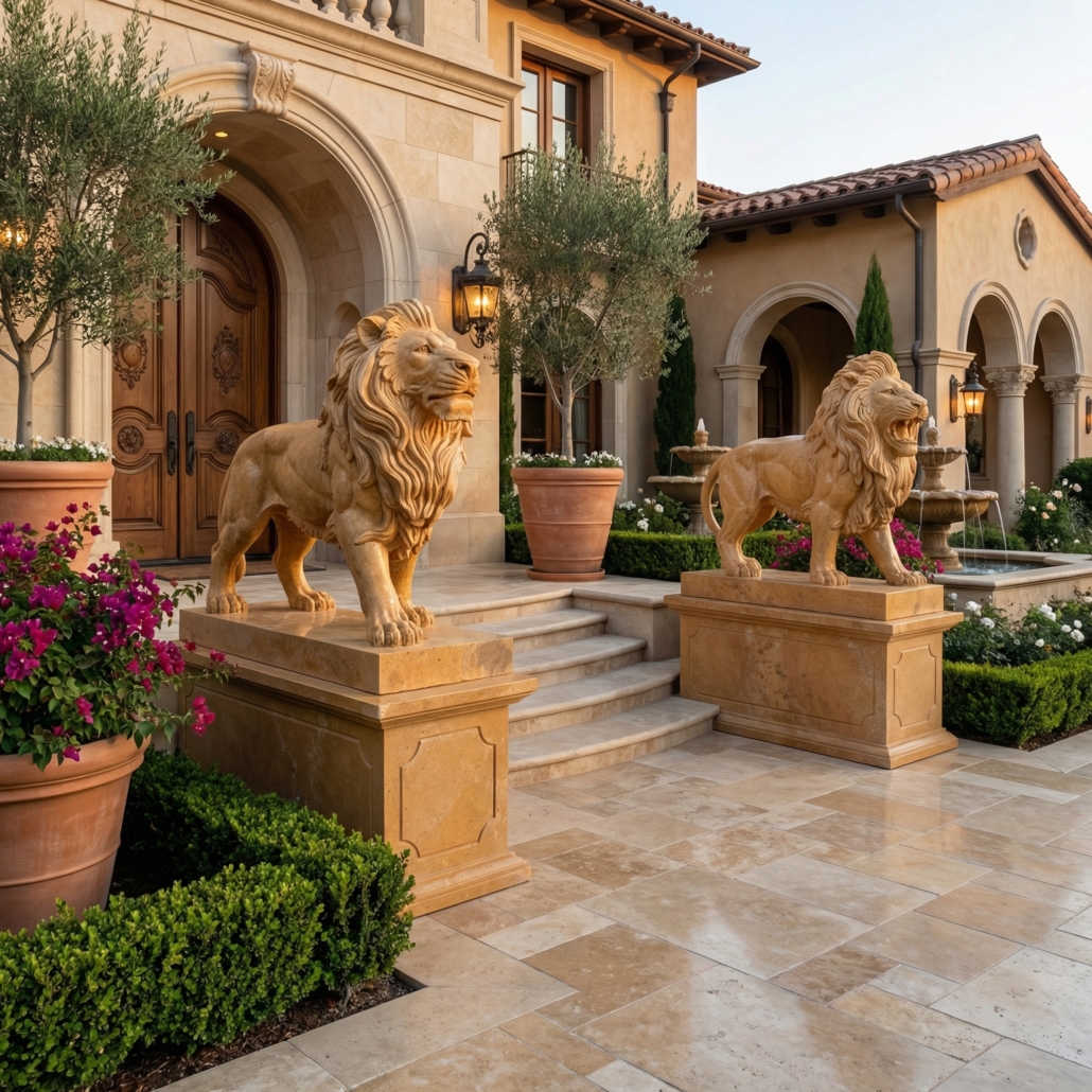 Estate entrance flanked by stone lions on pedestals with potted olive trees
