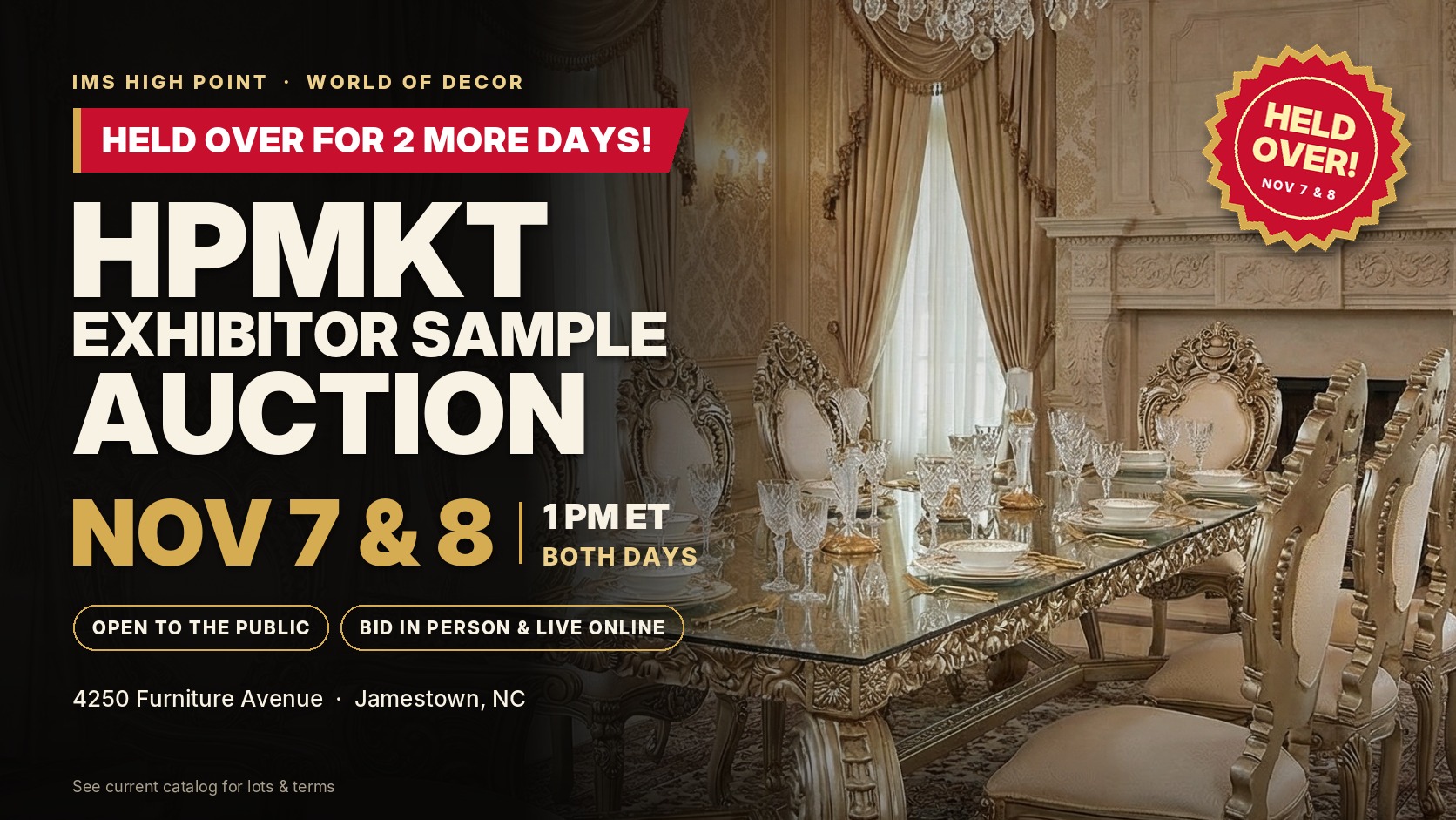 HPMKT Exhibitor Sample Auction at IMS High Point with World of Decor, held over November 7–8, 2026, 1 PM Eastern. Open to the public, in person and live online.